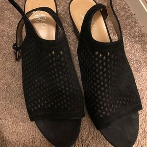 Black 2”, open toe, chunky heel